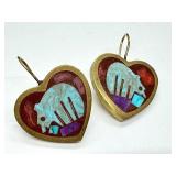 Pair of Heart-Shaped Inlaid Bear Motif Earrings with Brass Setting