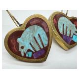 Pair of Heart-Shaped Inlaid Bear Motif Earrings with Brass Setting