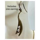 Bronze Peapod Pendant Necklace with Pearls and One Matching Earring