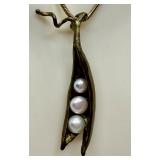 Bronze Peapod Pendant Necklace with Pearls and One Matching Earring