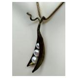 Bronze Peapod Pendant Necklace with Pearls and One Matching Earring