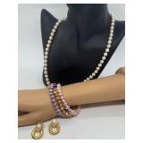 Fashion Jewelry Set with Faux Pearl Necklace, Three Stretch Bracelets, and Gold-Tone Earrings