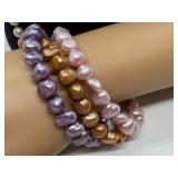 Fashion Jewelry Set with Faux Pearl Necklace, Three Stretch Bracelets, and Gold-Tone Earrings