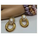 Fashion Jewelry Set with Faux Pearl Necklace, Three Stretch Bracelets, and Gold-Tone Earrings