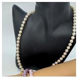 Fashion Jewelry Set with Faux Pearl Necklace, Three Stretch Bracelets, and Gold-Tone Earrings