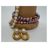 Fashion Jewelry Set with Faux Pearl Necklace, Three Stretch Bracelets, and Gold-Tone Earrings