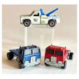 Set of 3 Vintage Hot Wheels Red Line Diecast Trucks Ramblin Wrecker and American Tipper Blue and Red