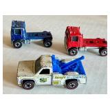Set of 3 Vintage Hot Wheels Red Line Diecast Trucks Ramblin Wrecker and American Tipper Blue and Red