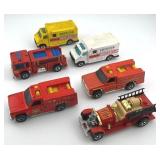 Lot of 6 Emergency Hot Wheels Die-Cast Vehicles - Fire Trucks and Ambulances