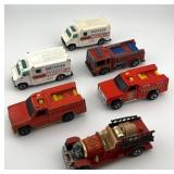 Set of 6 Emergency Hot Wheels Vehicles Including Fire Trucks and Ambulances