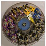 LR - Collection of Hot Wheels Cars in 7 Round Containers Including McDonalds, Quaker State, Firebird and More