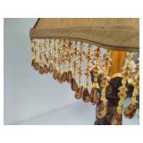 Vintage Carved Wood Base Lamp with Beaded Shade