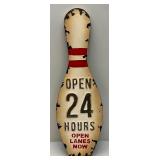 27" Metal Bowling Pin "Open 24 Hours" Open Lanes Now Sign