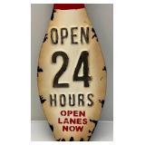 27" Metal Bowling Pin "Open 24 Hours" Open Lanes Now Sign