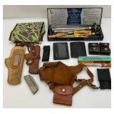 Misc. Gun Related Items Including JC Higgins Gun Cleaning Kit, Leather Holsters And More