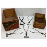 Vintage Wooden Fruit Crates And Ice Tongs