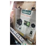 Pallet Lot of Garden Accessories Box with Tumbling Composter, Power Blaster, Glass Table, and Plant Supplies