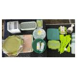 Assorted Kitchenware Collection with Utensils, Baking Sheet, Plates, and Storage Containers