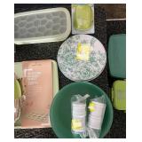 Assorted Kitchenware Collection with Utensils, Baking Sheet, Plates, and Storage Containers