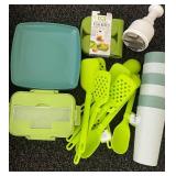 Assorted Kitchenware Collection with Utensils, Baking Sheet, Plates, and Storage Containers