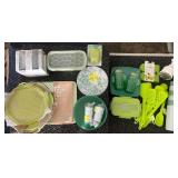 Assorted Kitchenware Collection with Utensils, Baking Sheet, Plates, and Storage Containers