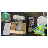 Kitchenware and Organizer Lot with Utensils, Plates, Containers, and Cherry Pitter