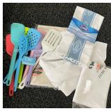 Kitchen Accessories Lot with Lunch Totes, Tumblers, Cooking Utensils, and Towels