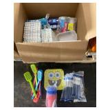 Kitchen and Party Supplies Assortment Including Diapers, Utensils, Cups, and Containers