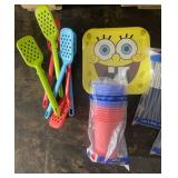 Kitchen and Party Supplies Assortment Including Diapers, Utensils, Cups, and Containers