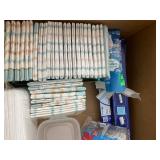 Kitchen and Party Supplies Assortment Including Diapers, Utensils, Cups, and Containers