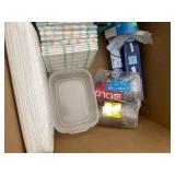 Kitchen and Party Supplies Assortment Including Diapers, Utensils, Cups, and Containers