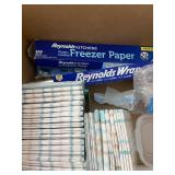 Kitchen and Party Supplies Assortment Including Diapers, Utensils, Cups, and Containers