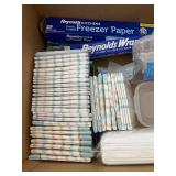 Kitchen and Party Supplies Assortment Including Diapers, Utensils, Cups, and Containers