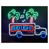 Bud Light beer truck with musical notes and palm trees, neon sign