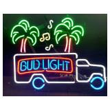Bud Light beer truck with musical notes and palm trees, neon sign