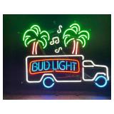 Bud Light beer truck with musical notes and palm trees, neon sign