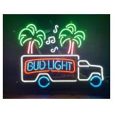 Bud Light beer truck with musical notes and palm trees, neon sign