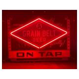 Grain Belt Beer on Tap metal sign with neon border