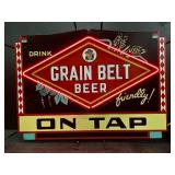 Grain Belt Beer on Tap metal sign with neon border