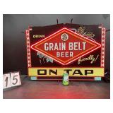 Grain Belt Beer on Tap metal sign with neon border