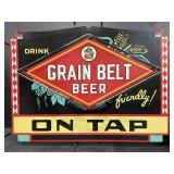Grain Belt Beer on Tap metal sign with neon border