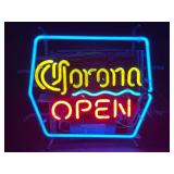 Corona beer, "open" neon with backlit bottle graphics on reverse, double-sided display