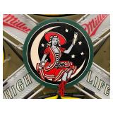 Miller High Life, Girl in the Moon, "soft cross" neon sign