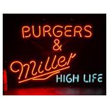 Burgers & Miller High Life neon sign