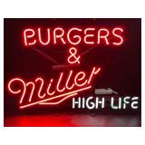 Burgers & Miller High Life neon sign