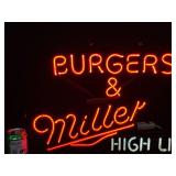 Burgers & Miller High Life neon sign
