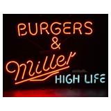 Burgers & Miller High Life neon sign