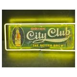 City Club vintage tin hanging sign, with Clear Gold neon border