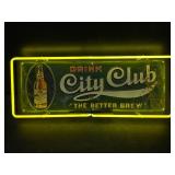 City Club vintage tin hanging sign, with Clear Gold neon border