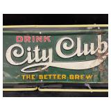 City Club vintage tin hanging sign, with Clear Gold neon border